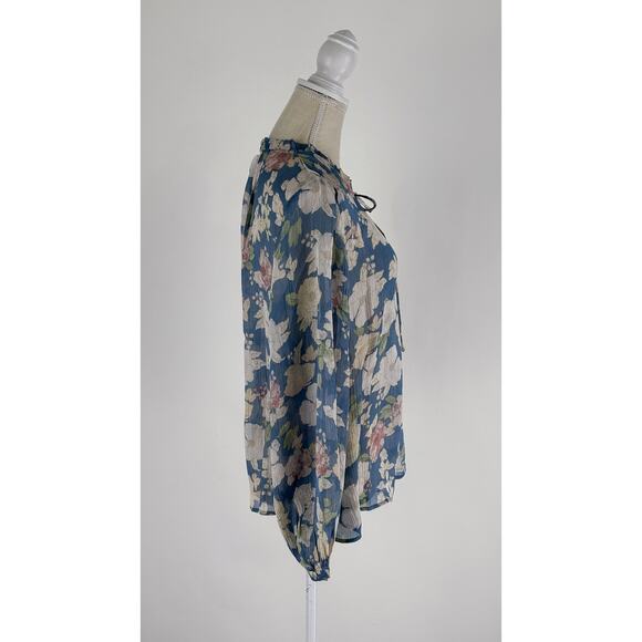 MNG Mango Floral Tie Long Sleeve Blouse Womens Size 10 Blue New Sheer - Picture 8 of 15
